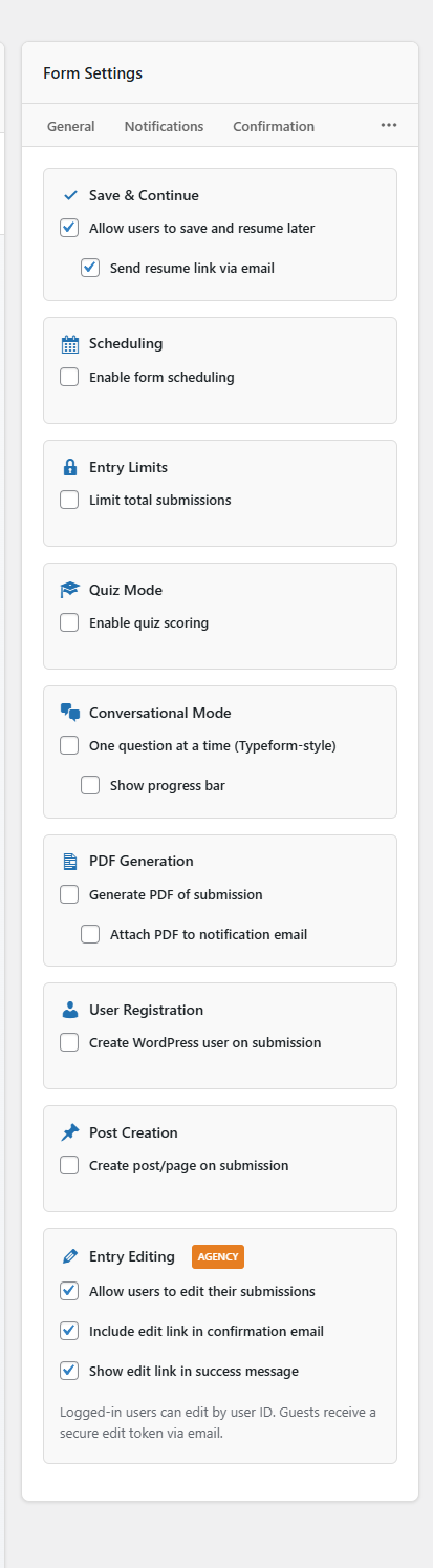 FormForge Pro Form Settings Panel