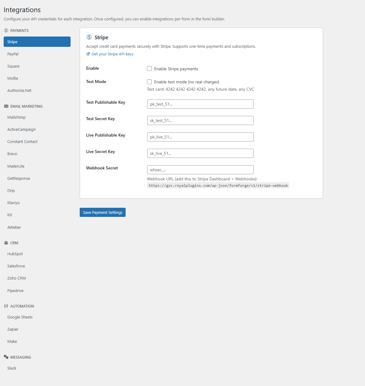 FormForge Pro Integrations Panel