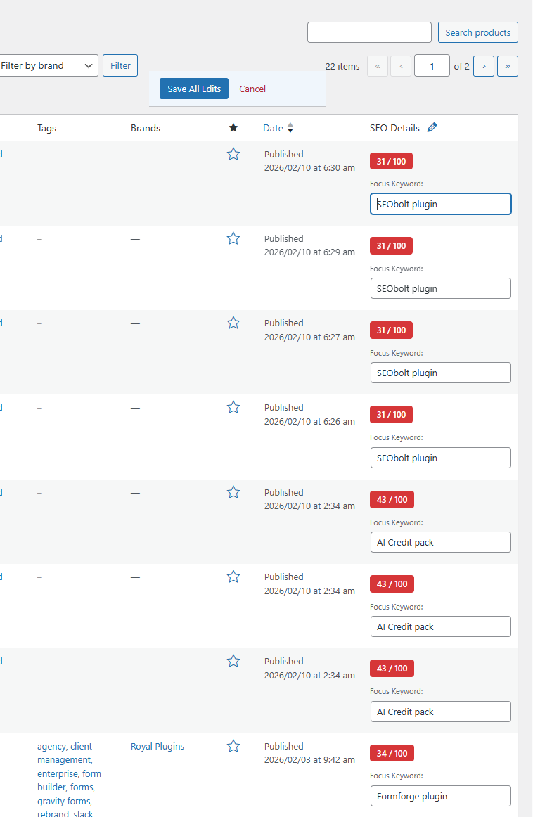 SEObolt Pro Bulk SEO Editor with spreadsheet-style editing and score overview