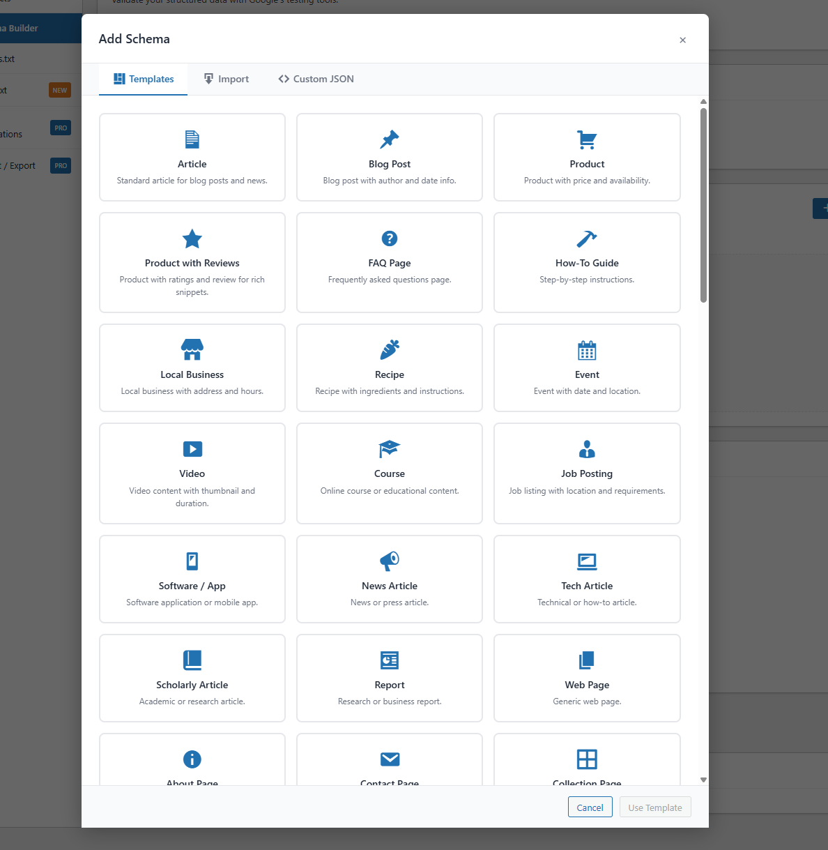 SEObolt Pro Visual Schema Builder with 63 template types and drag-and-drop editor