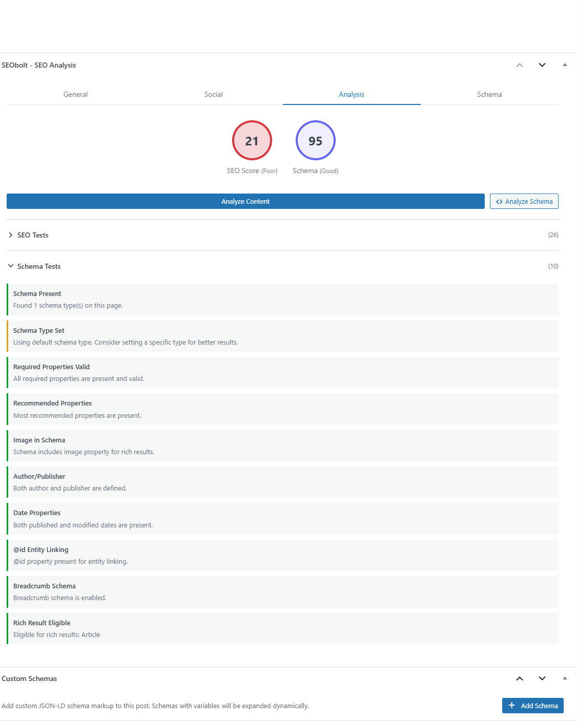 SEObolt Pro 57-Point SEO Analysis with score breakdown and actionable suggestions