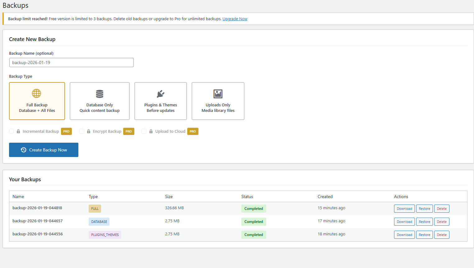 SiteVault - Backups Page