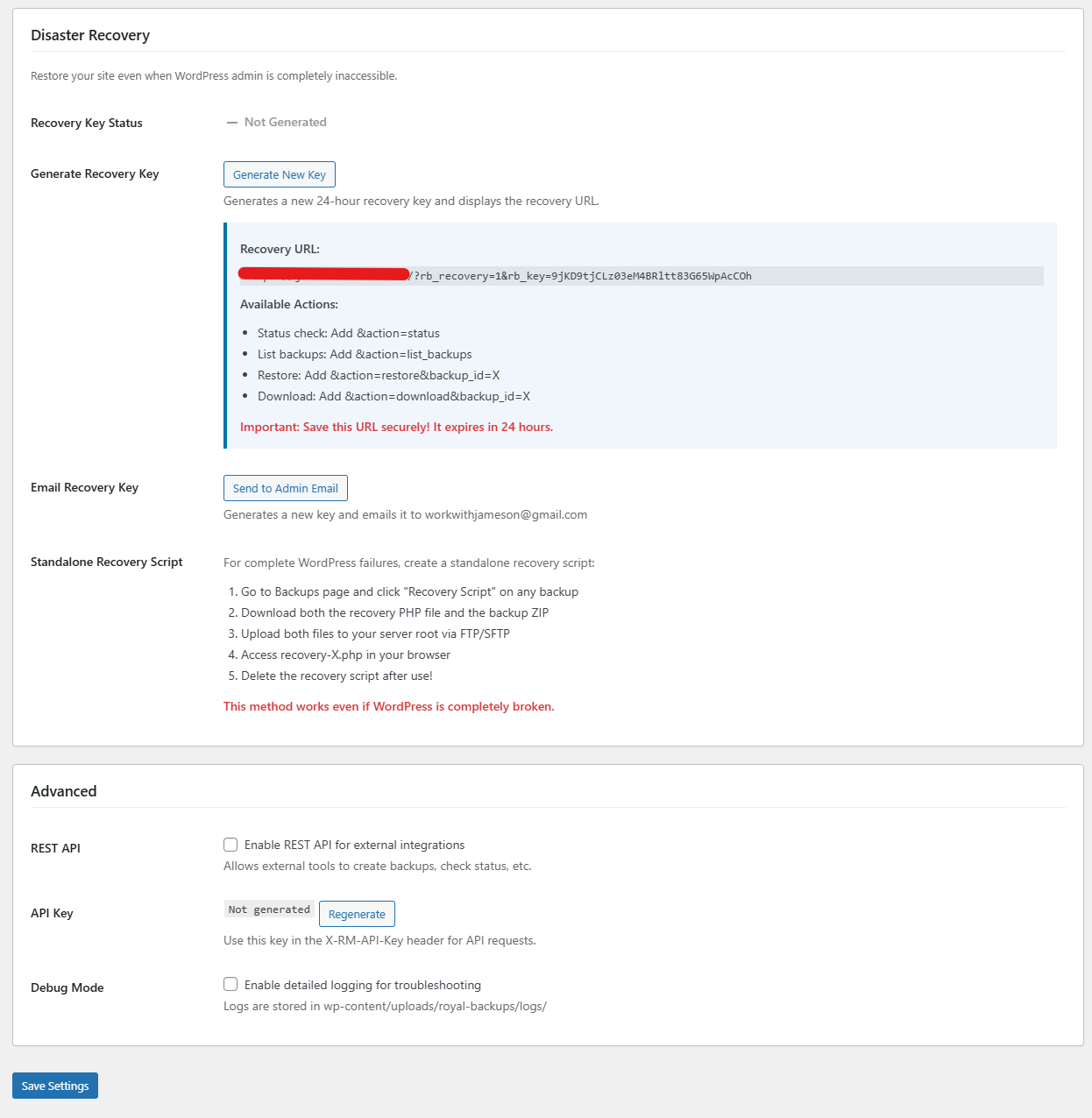 SiteVault Pro - Disaster Recovery Settings