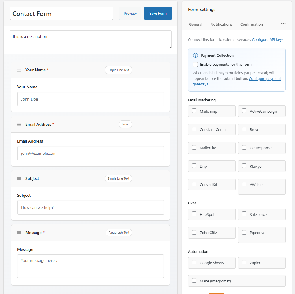 Payment Collection setting in Form Settings panel