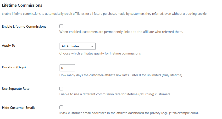 Lifetime Commission Settings